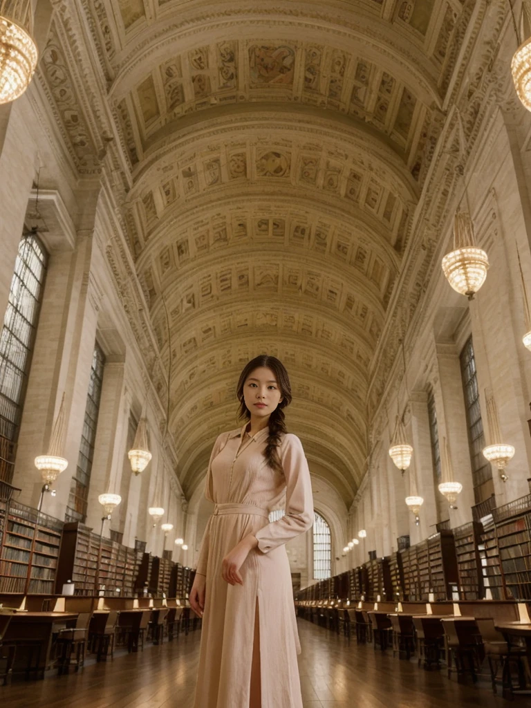 her name is Asako, high quality, 1girl, ((20-year-old fit Caucasian woman)), ((20 years old)), ((slim)), ((Fishtail Braid hair)), pose: standing, wearing aesthetic Generation-Z modern wear different colored, BACKGROUND: "In the New York Public Library's Rose Main Reading Room, with its grand chandeliers and ornate ceiling."