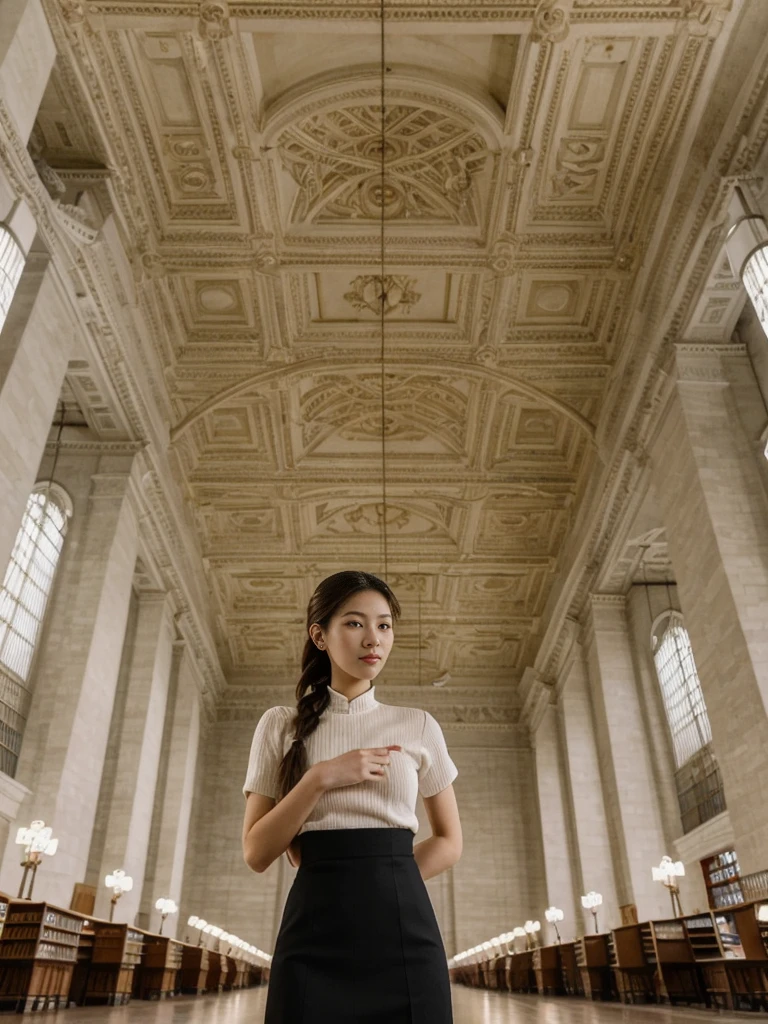 her name is Asako, high quality, 1girl, ((20-year-old fit Caucasian woman)), ((20 years old)), ((slim)), ((Fishtail Braid hair)), pose: standing, wearing aesthetic Generation-Z modern wear different colored, BACKGROUND: "In the New York Public Library's Rose Main Reading Room, with its grand chandeliers and ornate ceiling."