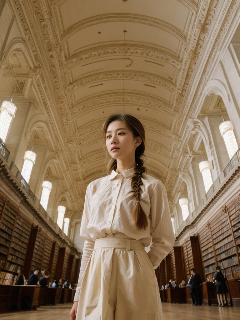 her name is Asako, high quality, 1girl, ((20-year-old fit Caucasian woman)), ((20 years old)), ((slim)), ((Fishtail Braid hair)), pose: standing, wearing aesthetic Generation-Z modern wear different colored, BACKGROUND: "In the New York Public Library's Rose Main Reading Room, with its grand chandeliers and ornate ceiling."