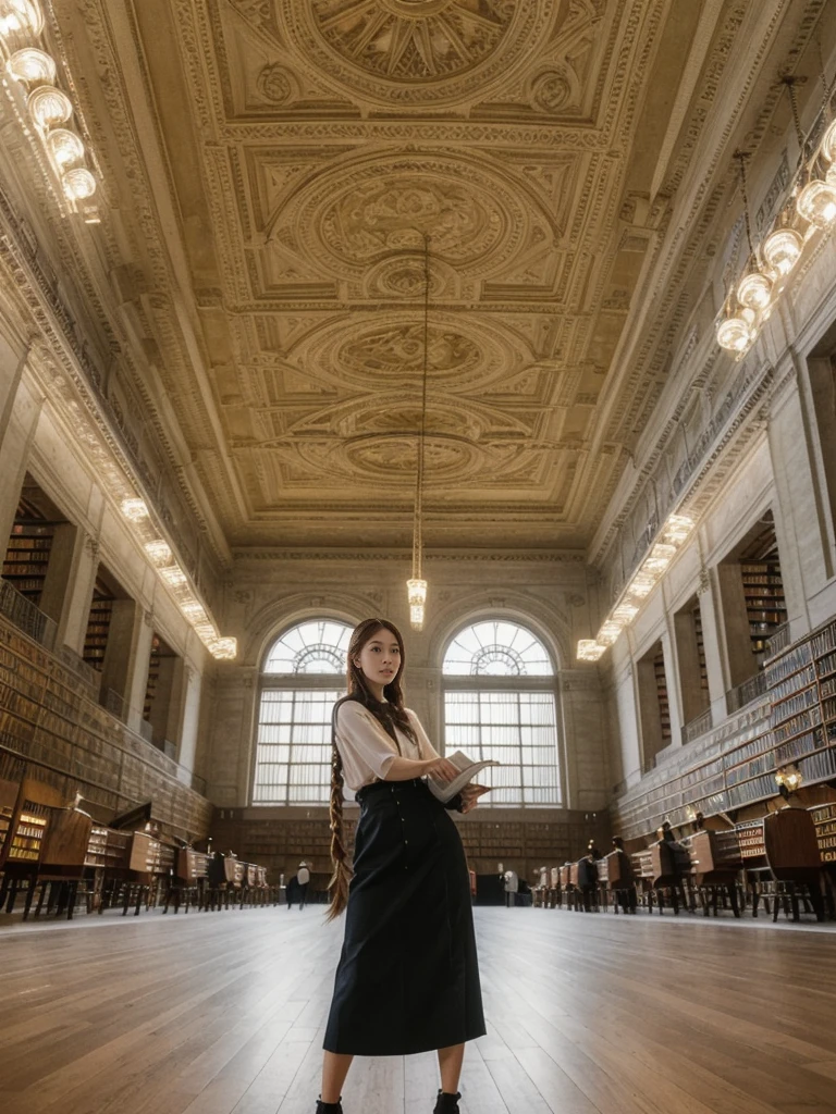 her name is Asako, high quality, 1girl, ((20-year-old fit Caucasian woman)), ((20 years old)), ((slim)), ((Fishtail Braid hair)), pose: standing, wearing aesthetic Generation-Z modern wear different colored, BACKGROUND: "In the New York Public Library's Rose Main Reading Room, with its grand chandeliers and ornate ceiling."