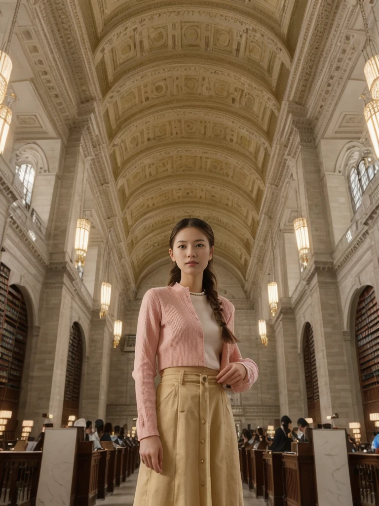 her name is Asako, high quality, 1girl, ((20-year-old fit Caucasian woman)), ((20 years old)), ((slim)), ((Fishtail Braid hair)), pose: standing, wearing aesthetic Generation-Z modern wear different colored, BACKGROUND: "In the New York Public Library's Rose Main Reading Room, with its grand chandeliers and ornate ceiling."