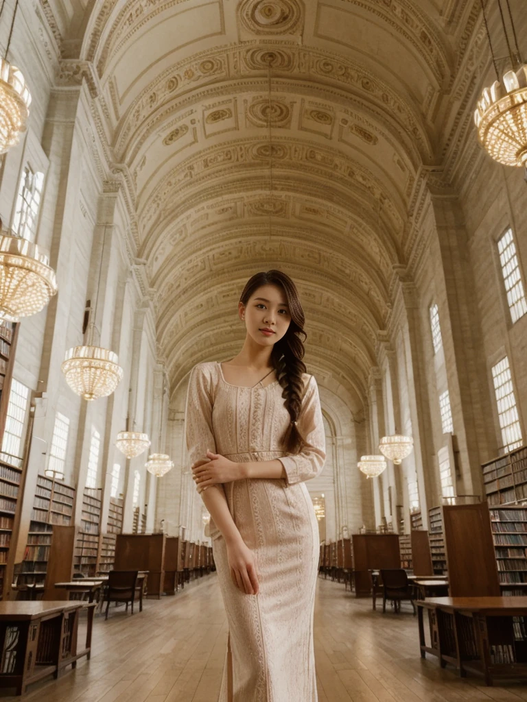 her name is Asako, high quality, 1girl, ((20-year-old fit Caucasian woman)), ((20 years old)), ((slim)), ((Fishtail Braid hair)), pose: standing, wearing aesthetic Generation-Z modern wear different colored, BACKGROUND: "In the New York Public Library's Rose Main Reading Room, with its grand chandeliers and ornate ceiling."