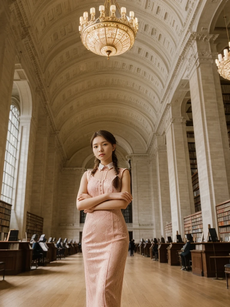 her name is Asako, high quality, 1girl, ((20-year-old fit Caucasian woman)), ((20 years old)), ((slim)), ((Fishtail Braid hair)), pose: standing, wearing aesthetic Generation-Z modern wear different colored, BACKGROUND: "In the New York Public Library's Rose Main Reading Room, with its grand chandeliers and ornate ceiling."