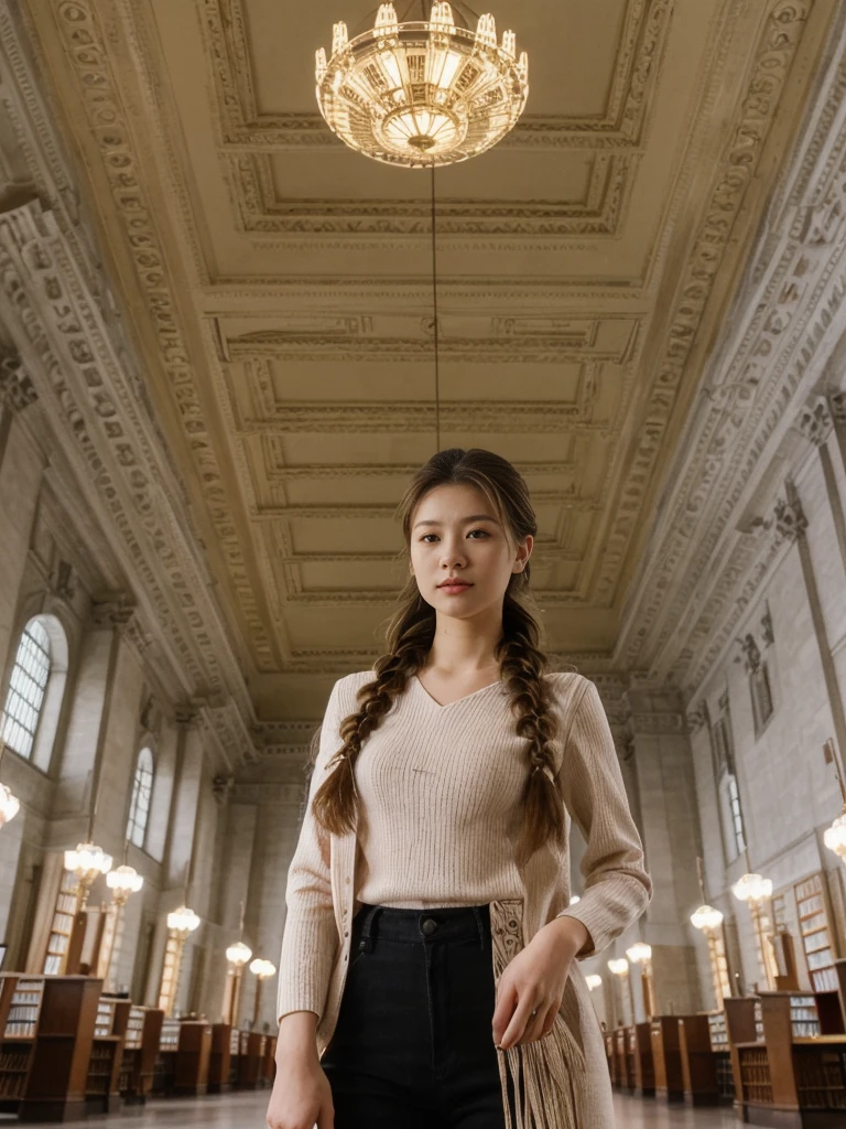 her name is Asako, high quality, 1girl, ((20-year-old fit Caucasian woman)), ((20 years old)), ((slim)), ((Fishtail Braid hair)), pose: standing, wearing aesthetic Generation-Z modern wear different colored, BACKGROUND: "In the New York Public Library's Rose Main Reading Room, with its grand chandeliers and ornate ceiling."