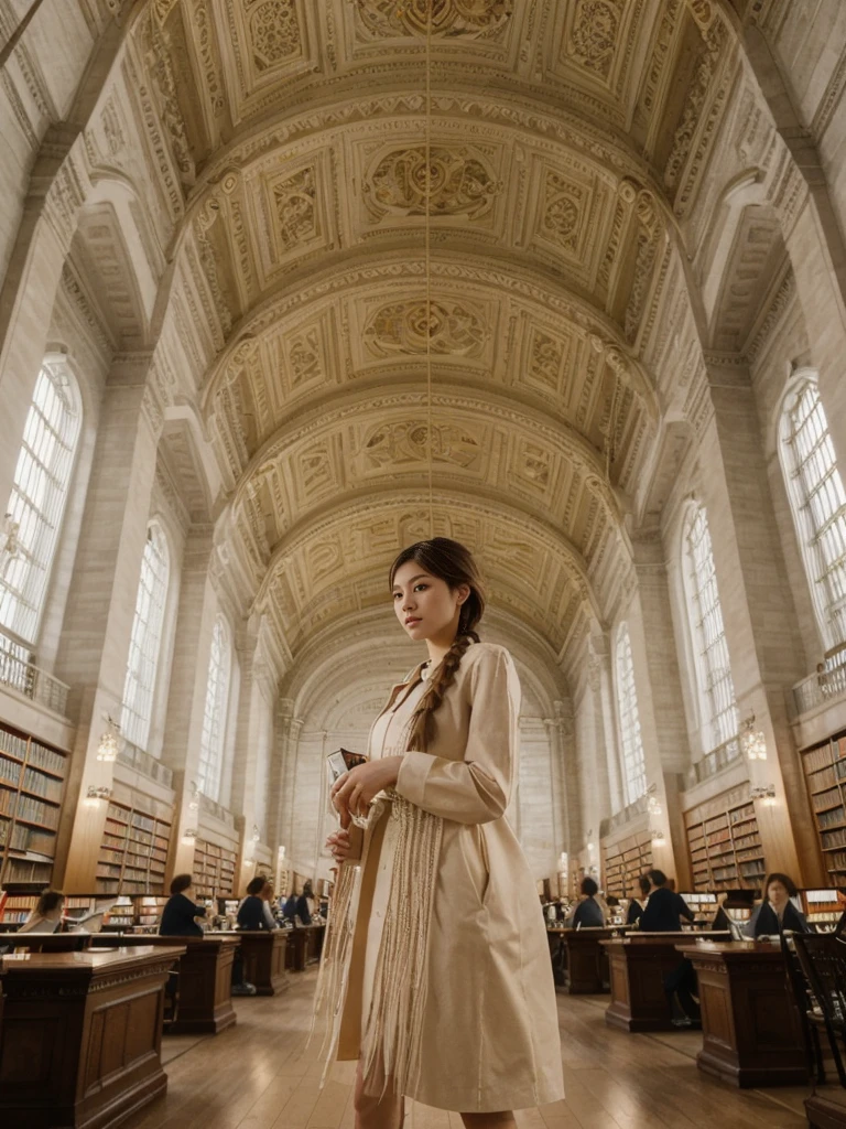her name is Asako, high quality, 1girl, ((20-year-old fit Caucasian woman)), ((20 years old)), ((slim)), ((Fishtail Braid hair)), pose: standing, wearing aesthetic Generation-Z modern wear different colored, BACKGROUND: "In the New York Public Library's Rose Main Reading Room, with its grand chandeliers and ornate ceiling."