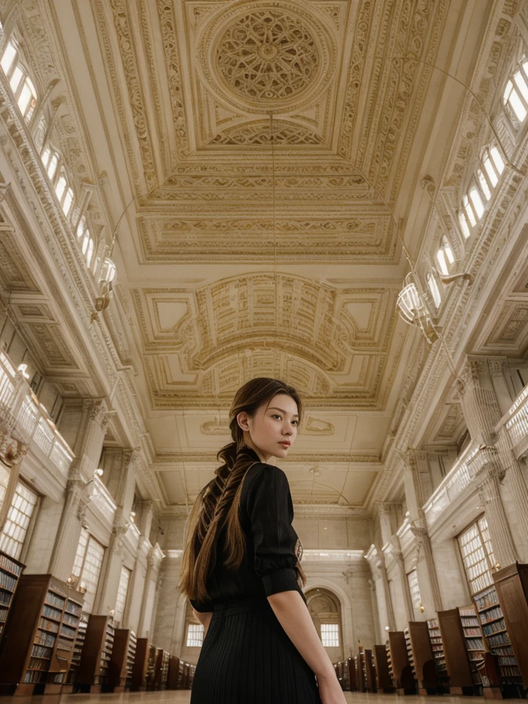 her name is Asako, high quality, 1girl, ((20-year-old fit Caucasian woman)), ((20 years old)), ((slim)), ((Fishtail Braid hair)), pose: standing, wearing aesthetic Generation-Z modern wear different colored, BACKGROUND: "In the New York Public Library's Rose Main Reading Room, with its grand chandeliers and ornate ceiling."