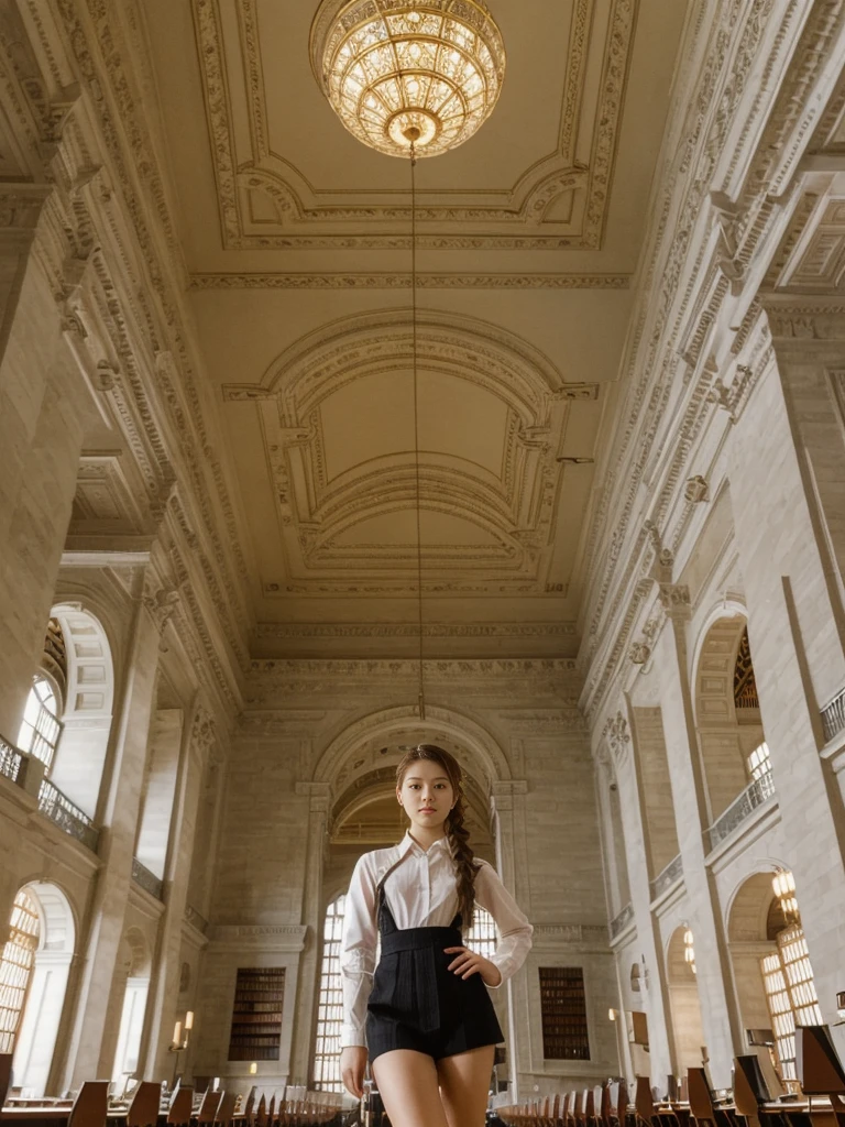 her name is Asako, high quality, 1girl, ((20-year-old fit Caucasian woman)), ((20 years old)), ((slim)), ((Fishtail Braid hair)), pose: standing, wearing aesthetic Generation-Z modern wear different colored, BACKGROUND: "In the New York Public Library's Rose Main Reading Room, with its grand chandeliers and ornate ceiling."