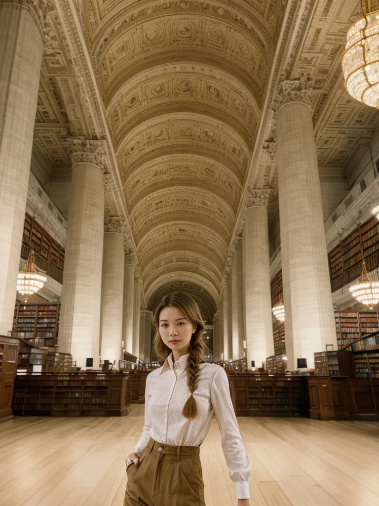 her name is Asako, high quality, 1girl, ((20-year-old fit Caucasian woman)), ((20 years old)), ((slim)), ((Fishtail Braid hair)), pose: standing, wearing aesthetic Generation-Z modern wear different colored, BACKGROUND: "In the New York Public Library's Rose Main Reading Room, with its grand chandeliers and ornate ceiling."