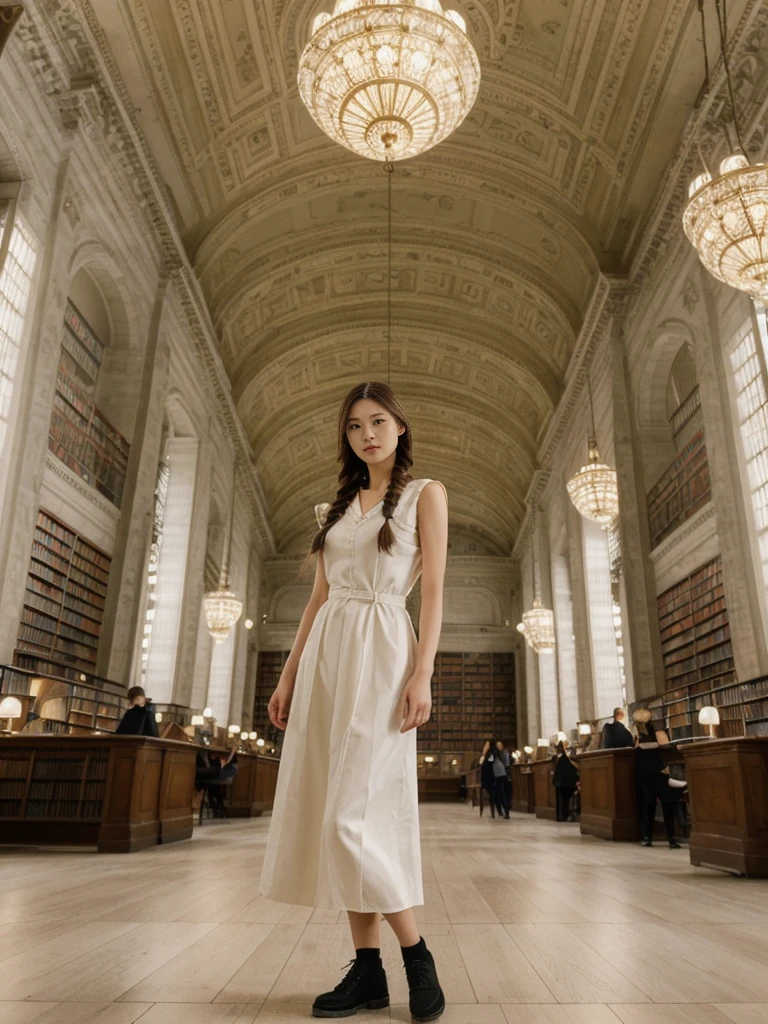 her name is Asako, high quality, 1girl, ((20-year-old fit Caucasian woman)), ((20 years old)), ((slim)), ((Fishtail Braid hair)), pose: standing, wearing aesthetic Generation-Z modern wear different colored, BACKGROUND: "In the New York Public Library's Rose Main Reading Room, with its grand chandeliers and ornate ceiling."