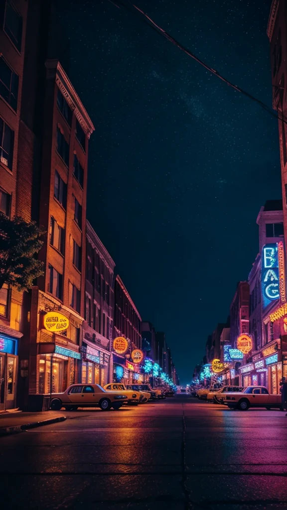 a night scene of an 80s neighborhood with trees on the sidewalks and no one on the street, beautiful night sky, neon lights, vintage cars parked on the street, brick buildings, warm lighting, atmospheric mood, highly detailed, cinematic, hyper realistic, 8k, photorealistic, masterpiece