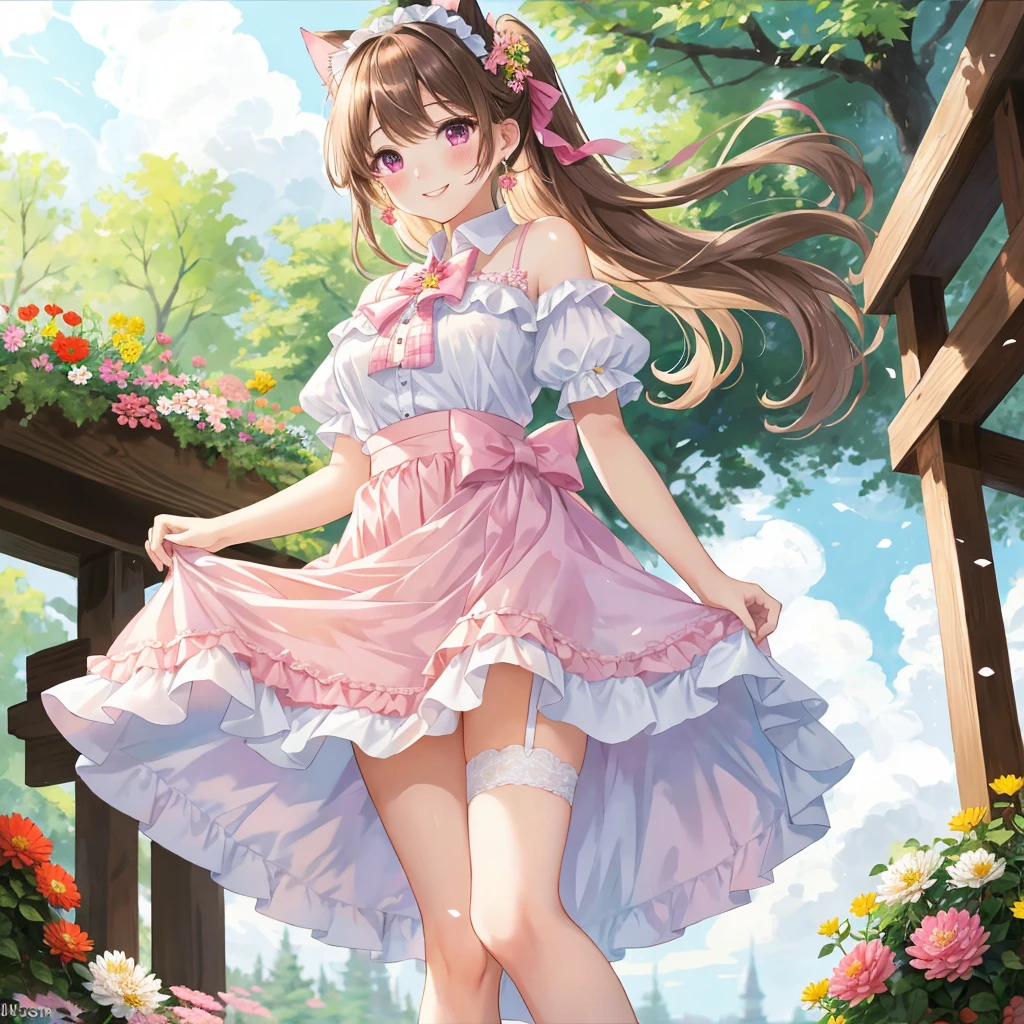 1 anime girl, beautiful 20 year old girl, posing for a photo, pink lips, flower garden blue sky with white clouds, strong wind, white blouse with short sleeves and ruffles, bare shoulder, short blue skirt with red plaid, lifts her skirt up the wind, skirt lift, completely exposed panties, pastel pink panties with pretty lace, fine lingerie, 1 flower garter on her left thigh, elegant high heels, perfect body, slim body, medium round breasts, brown hair, long hair, ponytail, side swept bangs, hair flower, hair ornament, jewelry, lolita hairband, glowing eyes, purple eyes, earrings, kemonomimi mode, cat ears, smile, blush, nervous smile, high detail, anime, glowing light, depth of field, three sided view, from below, f/1.8, Nikon, 85mm, masterpiece, anatomically correct, high quality