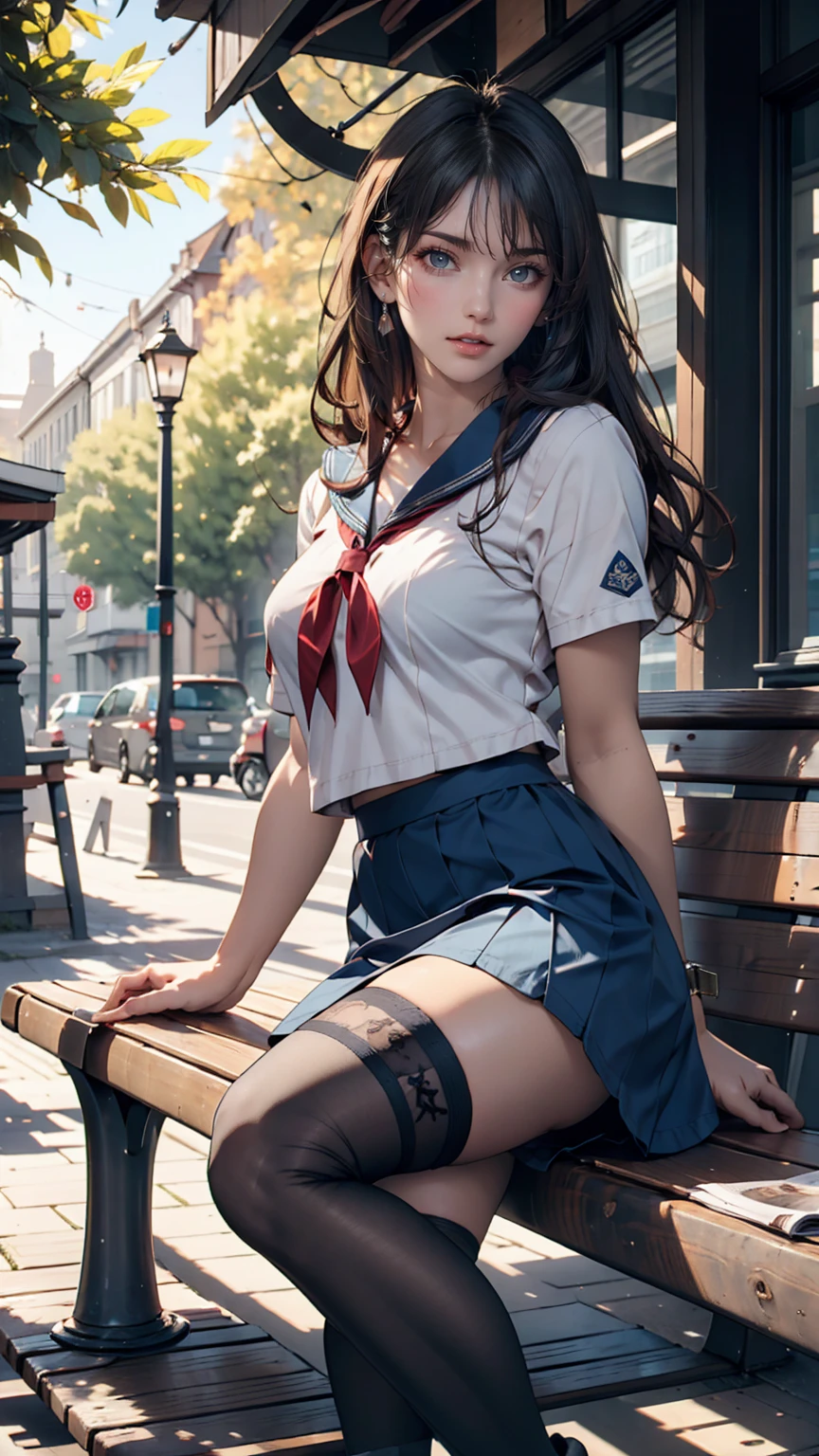 high school girl、Sailor suit、Navy blue mini skirt、Knee-high socks、Sexy、Midsummer Path、Taking a break on a bench in the shade