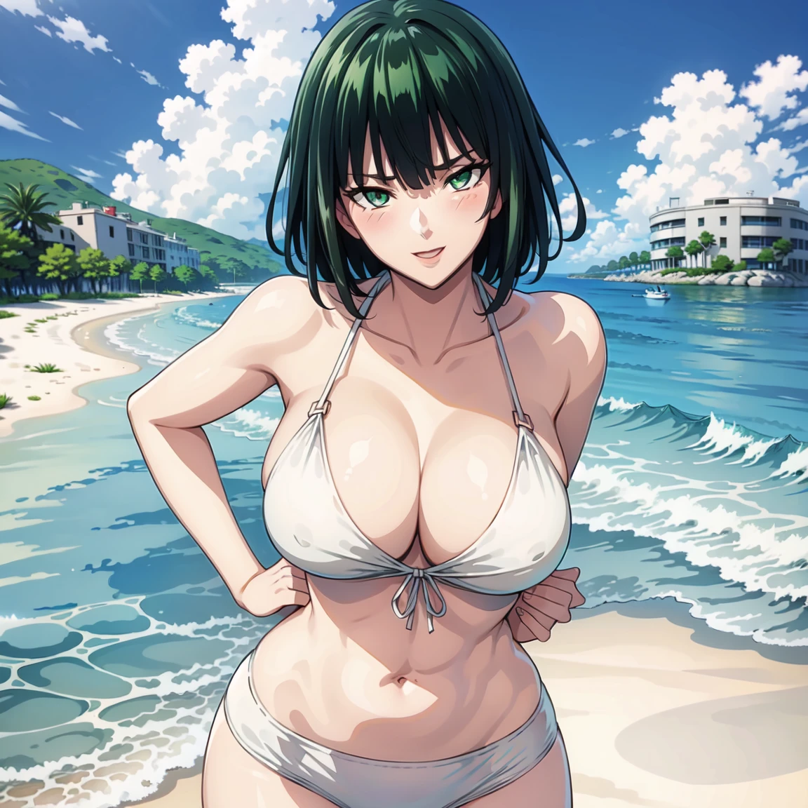 ((masterpiece)), (best quality:1.7), (detailed:1.4), (high res:1.4), 8k, (colorful:1.5), high resolution, sharped image, 4k, hd, (beautiful detailed background:1.2), (beautiful lighting:1.2), (highly detailed:1.2), perfect lighting, (8k wallpaper:1.2), (highly detailed:1.2), (extremely detailed CG:1.2), 2d, ((1girl)), solo, fubuki_opm, black hair, green hair, green eyes, short hair, big breasts, curvy body, cowboy shot, bikini, white bikini, beach, sand, sea, clouds, sky, blue sky, ((looking at viewer)), (city), ((hands on own hips)), (smile), ((blush))