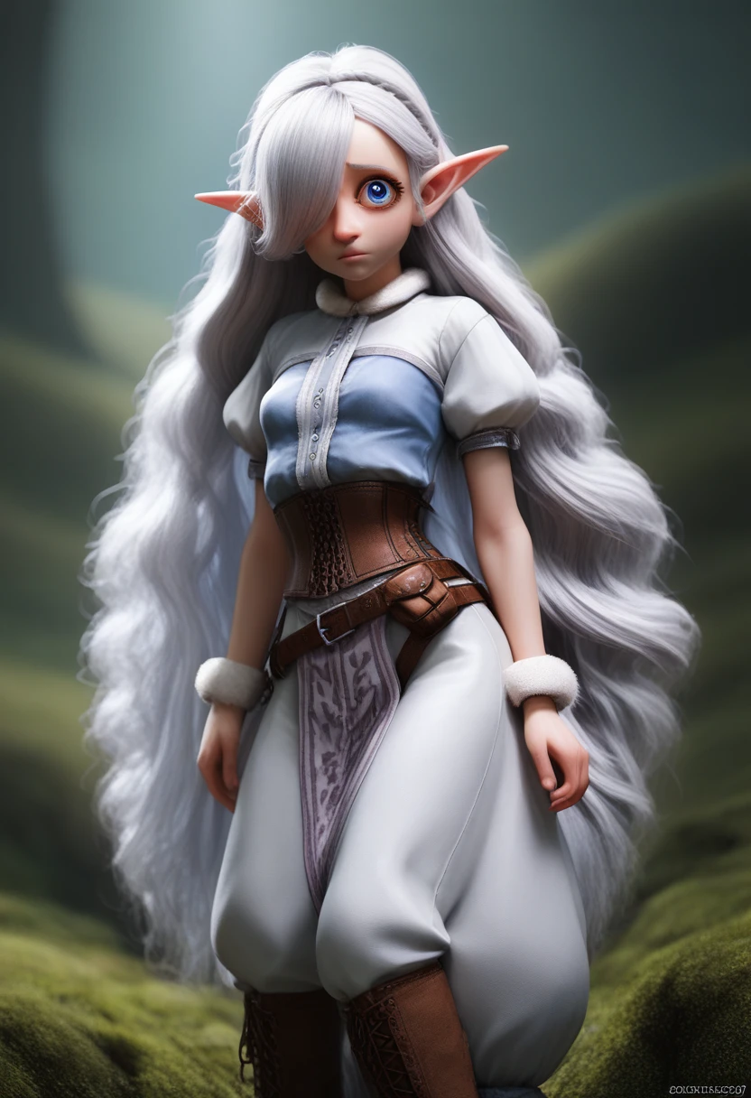 a girl with pale skin, short stature, very long wavy silver hair covering one eye, small breasts, pouty lips, and bright blue anime-style eyes with long lashes, wearing a corset, white puffy long sleeved shirt, and puffy cloth pants, leather bound boots, set in a windy fantasy landscape, (best quality,4k,8k,highres,masterpiece:1.2),ultra-detailed, dungeons and dragons, long elf ears, small girl, detailed skin and cloth textures, cute detailed face, intricate details, extremely detailed, 1girl, dynamic pose with hair covering one eye, shy personality, puffy cloth pants with leather belt, detailed privateer outfit, detailed buccaneer outfit, pouch on belt, wearing ornate leather armor with fur trim, silver inlay detail, wearing fur trimmed boots, wearing fur trimmed gloves, short, short height, halfing girl, small girl, very long detailed flowing hair, big head, big round eyes, windy, wind blown hair, wirey muscles, fighting spirt