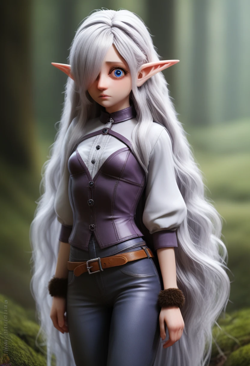 a girl with pale skin, short stature, very long wavy silver hair covering one eye, small breasts, pouty lips, and bright blue anime-style eyes with long lashes, wearing a corset, white puffy long sleeved shirt, and puffy cloth pants, leather bound boots, set in a windy fantasy landscape, (best quality,4k,8k,highres,masterpiece:1.2),ultra-detailed, dungeons and dragons, long elf ears, small girl, detailed skin and cloth textures, cute detailed face, intricate details, extremely detailed, 1girl, dynamic pose with hair covering one eye, shy personality, puffy cloth pants with leather belt, detailed privateer outfit, detailed buccaneer outfit, pouch on belt, wearing ornate leather armor with fur trim, silver inlay detail, wearing fur trimmed boots, wearing fur trimmed gloves, short, short height, halfing girl, small girl, very long detailed flowing hair, big head, big round eyes, windy, wind blown hair, wirey muscles, fighting spirt