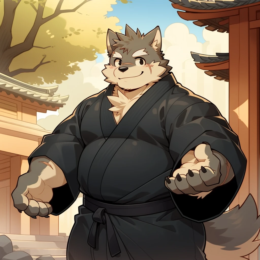 Scribble 黑色柴dog face,Cute face,Humanity(dog),(Black Kimono:1.3),Chubby,(White eyebrows:1.1),(Perfect black eyes),(artist:Takemoto Arashi),(Bulging buttocks),shrine,Scars on the face,Smile,Wolf Tail,Black nails,There is a scar on the left eyebrow。