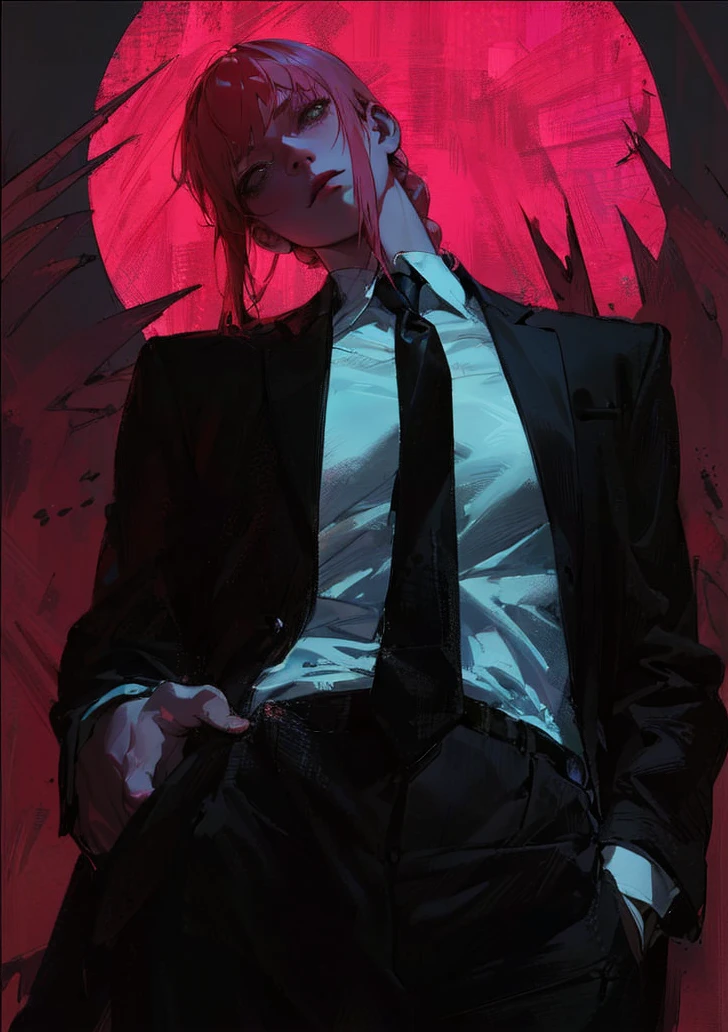 beautiful, white-skinned woman, business suit, long black hair, black eyes, looking at viewer, red background, intricate details, hyperrealistic, 8K, octane render, chiaroscuro lighting, cinematic composition, dramatic atmosphere, digital art