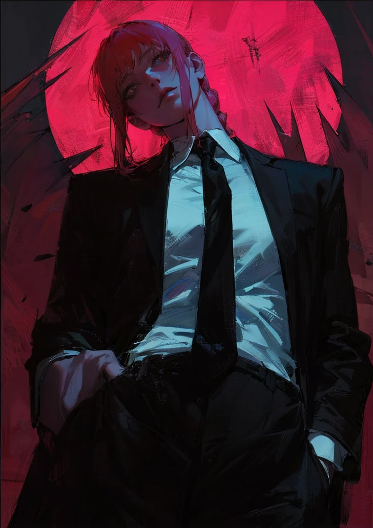 beautiful, white-skinned woman, business suit, long black hair, black eyes, looking at viewer, red background, intricate details, hyperrealistic, 8K, octane render, chiaroscuro lighting, cinematic composition, dramatic atmosphere, digital art