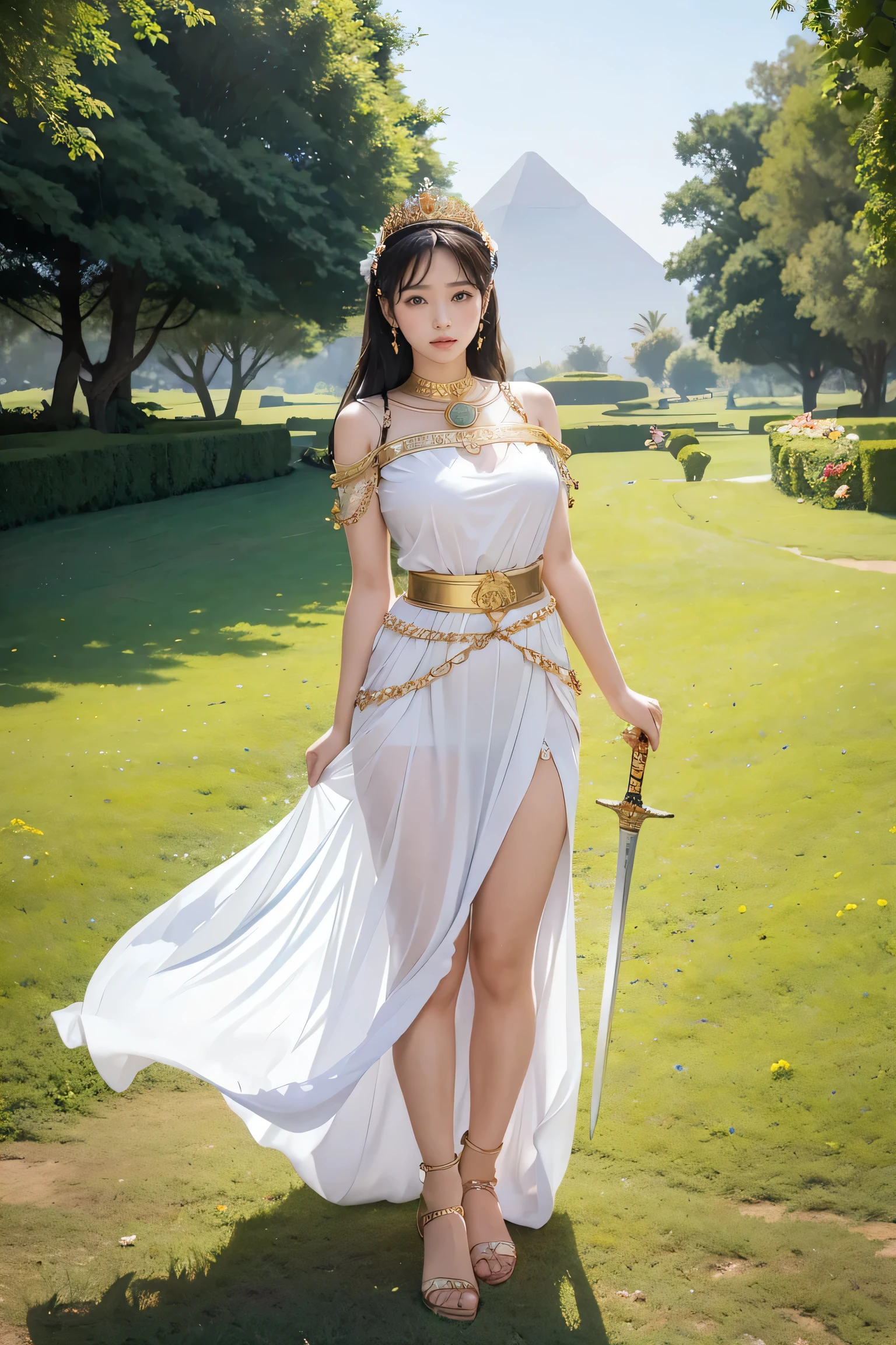 goddess, Egypt, Beautiful woman, Stand sideways., ((bend a little.)), White clothes, The crown is made of flowers., The belt is made of roses., golden sky, Blue mountain, Green Grass、With a sword and shield