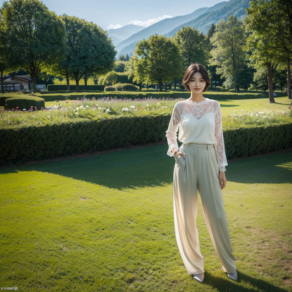 category : beauty photo theme : natural lace : Heonguk In Young Man 1 : 35 year old woman scene : short medium hair, outdoor , switzerland very tall green meadows , in front view . full of green grass, Create a beautiful atmosphere , wind blowing effect, Beautiful facial expressions , elegant pose .smile at the camera: : tall flower garden, blue sky , Wearing high-end luxury brand knits and pants, wind blowing camera : Taken using Canon eos 90d DSLR camera with 18-135mm lens , Detailed skin texture , detailed face , enlargement , low exposure angle : high dynamic range (HDR) launch
