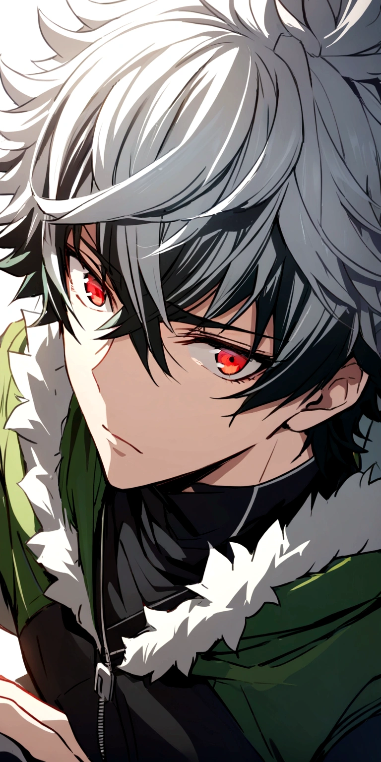 iwatani naofumi , red and black clothes, and white hair, Red eye