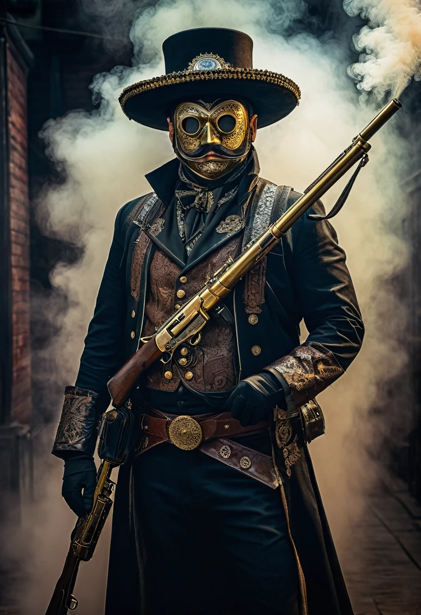 a Victorian xix century, gaslamp fantasy style scene, steampunk detective, with a misterous kabuki mask, a giant three barrel steampunk brass shotgun resting on his shoulder, in a heroic pose, leather mexican charro outfit,  moody lighting, fog dramatic atmosphere, high contrast, cinematic, intricate details, ornate steampunk design, brass metal textures, glowing steam vents, mechanical gears, cogs, rivets, steam powered technology, chiaroscuro lighting, deep shadows, cool color tones, muted palette, photorealistic, 8k, ultra-detailed, best quality, masterpiece, mariachis, mariachi, charro negro. 