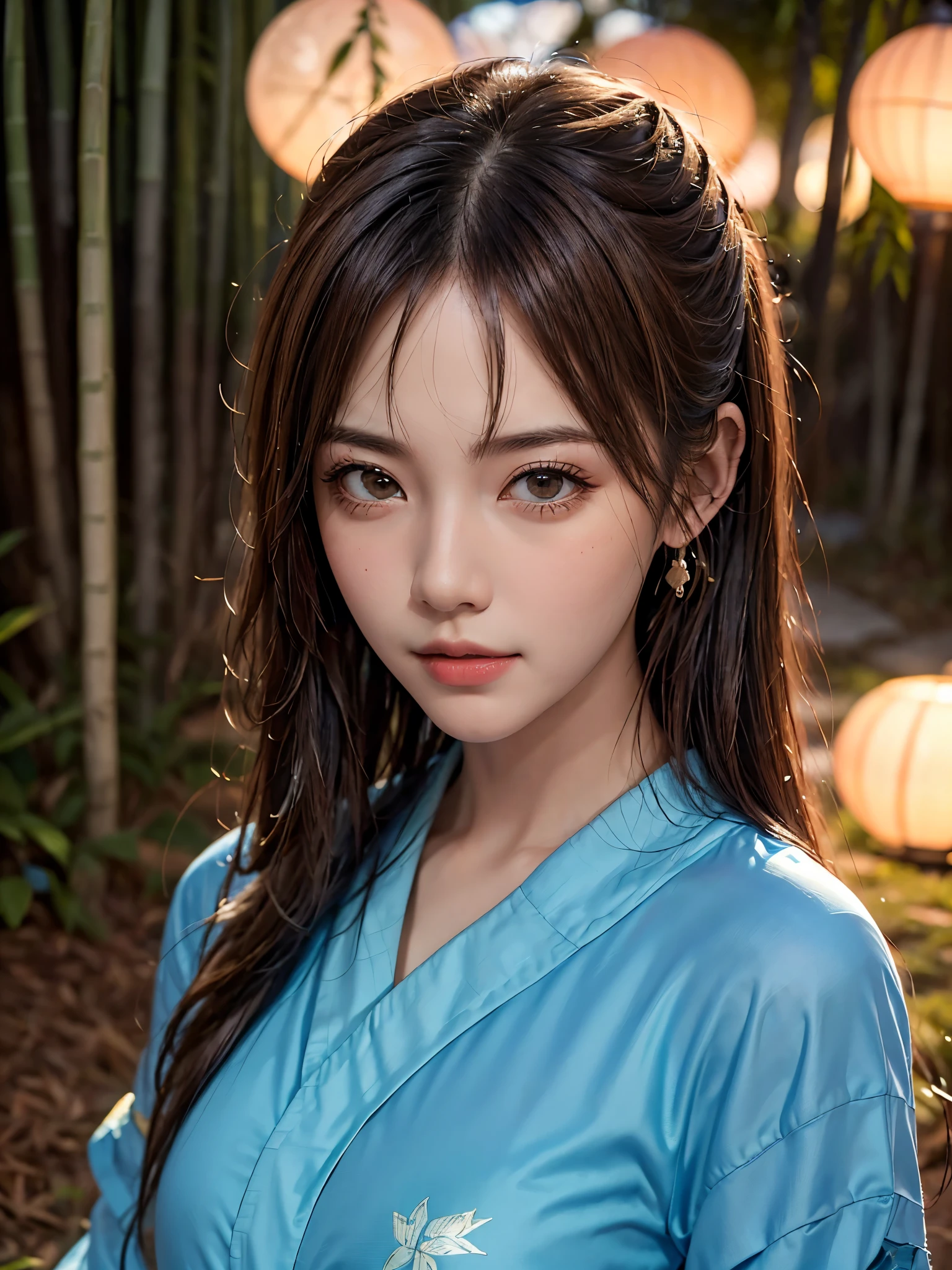 Highest quality, masterpiece, Ultra-high resolution, (Realistic:1.4), RAW Photos, One Girl, Incredibly beautiful kimono, Twelve-layered kimono, Japanese clothing, Deep Shadow, Moderate, Bamboo forest at night, Illuminated by the moonlight, 20-year-old,Cute face, (head shot:1.5)