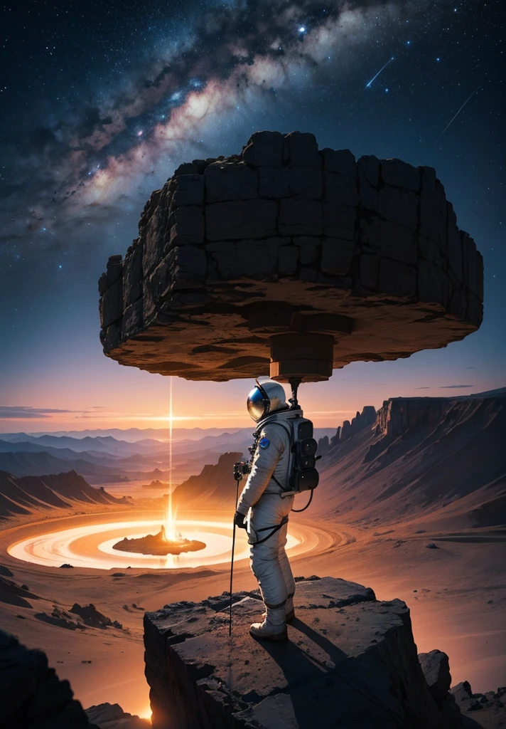 An astronaut stands on the edge of a vast cliff, peering down into an enormous, deep crater that stretches out before them. The Martian night sky is filled with countless stars, casting a gentle glow over the barren, rocky terrain. The depth of the crater is immense, disappearing into darkness, creating a sense of awe and wonder. Jagged rocks and steep slopes surround the scene, with the distant Martian mountains silhouetted against the starry sky. The astronaut's suit is faintly illuminated by their helmet lights, highlighting the surreal beauty of the Martian night.