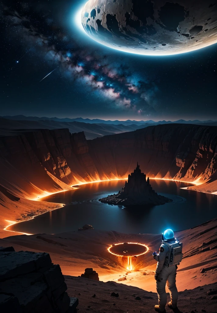 An astronaut stands on the edge of a vast cliff, peering down into an enormous, deep crater that stretches out before them. The Martian night sky is filled with countless stars, casting a gentle glow over the barren, rocky terrain. The depth of the crater is immense, disappearing into darkness, creating a sense of awe and wonder. Jagged rocks and steep slopes surround the scene, with the distant Martian mountains silhouetted against the starry sky. The astronaut's suit is faintly illuminated by their helmet lights, highlighting the surreal beauty of the Martian night.