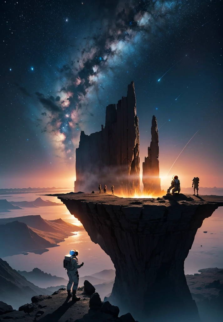An astronaut stands on the edge of a vast cliff, peering down into an enormous, deep crater that stretches out before them. The Martian night sky is filled with countless stars, casting a gentle glow over the barren, rocky terrain. The depth of the crater is immense, disappearing into darkness, creating a sense of awe and wonder. Jagged rocks and steep slopes surround the scene, with the distant Martian mountains silhouetted against the starry sky. The astronaut's suit is faintly illuminated by their helmet lights, highlighting the surreal beauty of the Martian night.