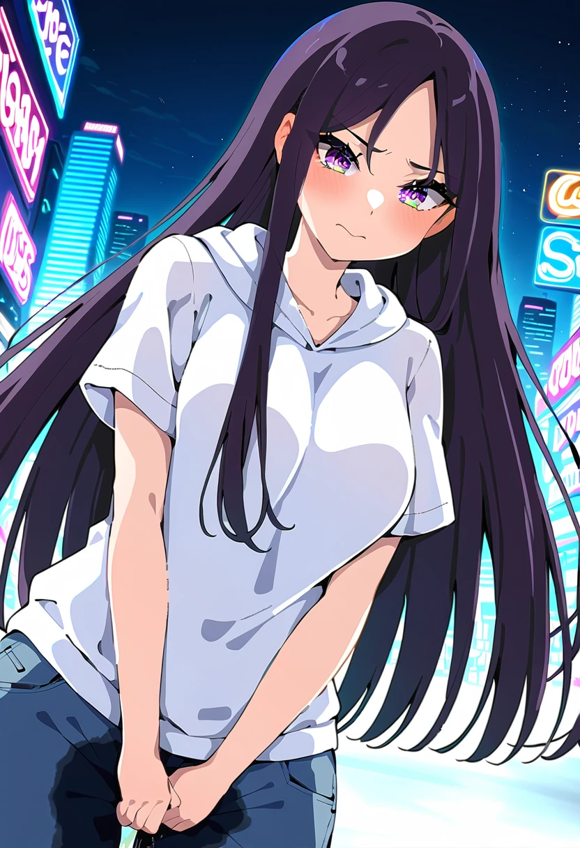 (masterpiece:1.37), best quality, (extremely detailed:1.37), woman, (mature:1.5), (adult:1.5), large breasts, very long hair, (straight hair:1.5), dark purple hair, purple eyes, (extremely detailed eyes:1.37), hoodie, jeans, desperation, wetting self, standing, embarrassed, humiliation, blushing, angry, city, futuristic, neon lighting, high-tech, street
