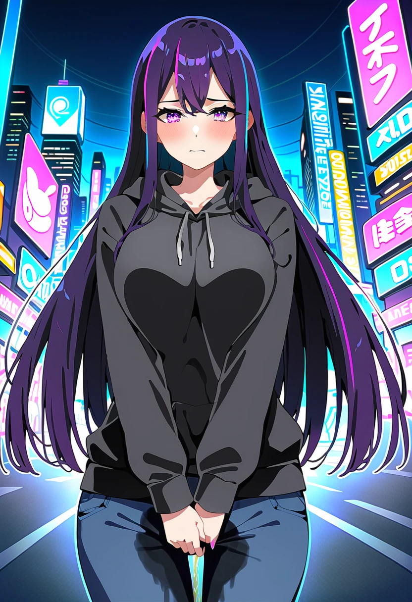 (masterpiece:1.37), best quality, (extremely detailed:1.37), woman, (mature:1.5), (adult:1.5), large breasts, very long hair, (straight hair:1.5), dark purple hair, purple eyes, (extremely detailed eyes:1.37), hoodie, jeans, desperation, wetting self, standing, embarrassed, humiliation, blushing, angry, city, futuristic, neon lighting, high-tech, street