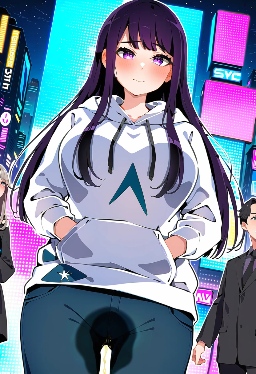 (masterpiece:1.37), best quality, (extremely detailed:1.37), woman, (mature:1.5), (adult:1.5), large breasts, very long hair, (straight hair:1.5), dark purple hair, purple eyes, (extremely detailed eyes:1.37), hoodie, jeans, desperation, wetting self, standing, embarrassed, humiliation, blushing, angry, city, futuristic, neon lighting, high-tech, street