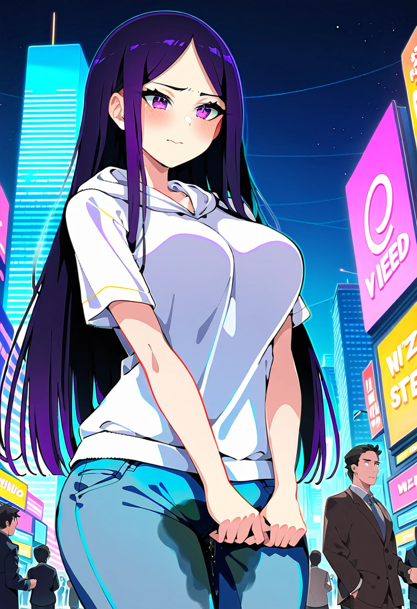 (masterpiece:1.37), best quality, (extremely detailed:1.37), woman, (mature:1.5), (adult:1.5), large breasts, very long hair, (straight hair:1.5), dark purple hair, purple eyes, (extremely detailed eyes:1.37), hoodie, jeans, desperation, wetting self, standing, embarrassed, humiliation, blushing, angry, city, futuristic, neon lighting, high-tech, street