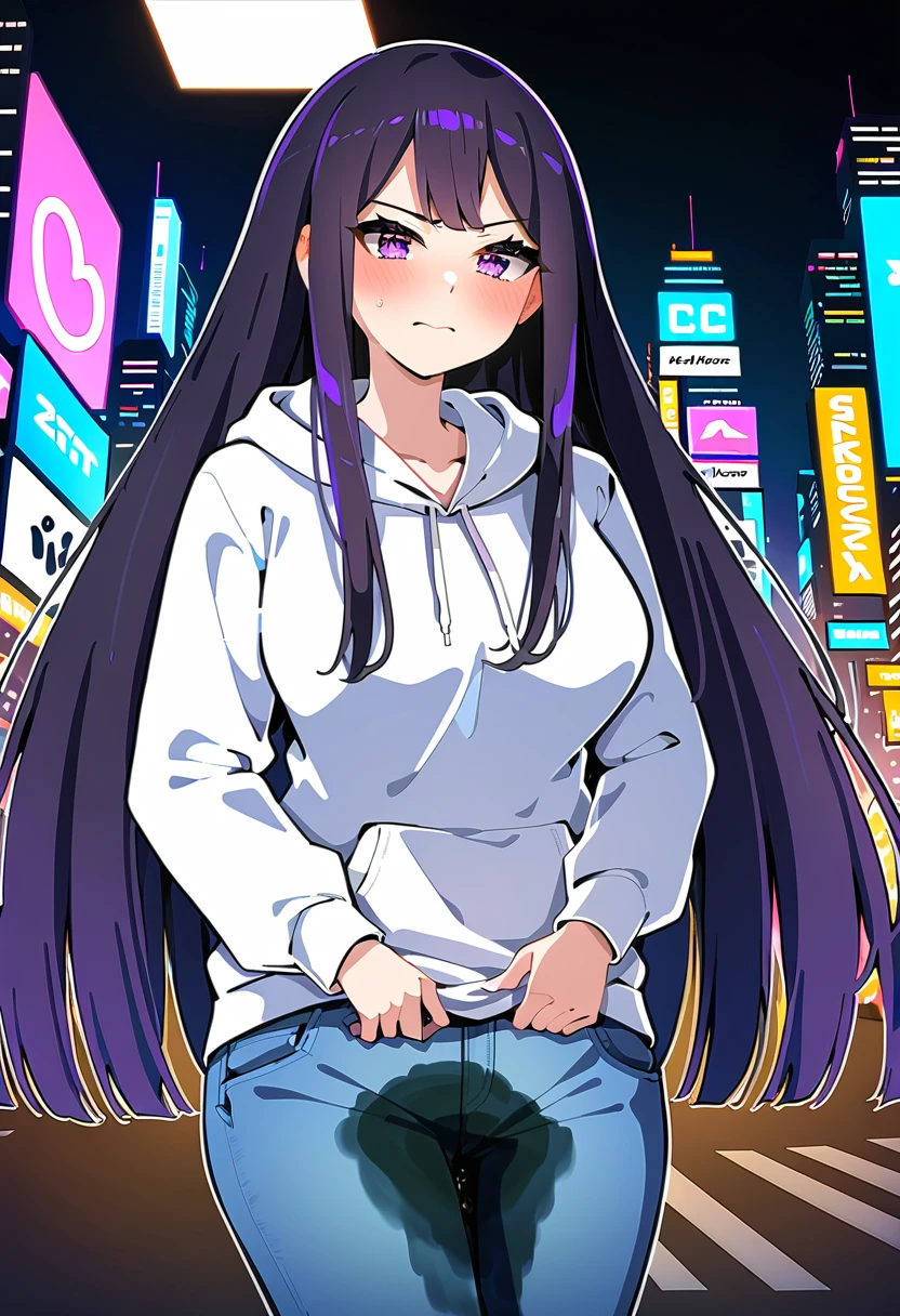 (masterpiece:1.37), best quality, (extremely detailed:1.37), woman, (mature:1.5), (adult:1.5), large breasts, very long hair, (straight hair:1.5), dark purple hair, purple eyes, (extremely detailed eyes:1.37), hoodie, jeans, desperation, wetting self, standing, embarrassed, humiliation, blushing, angry, city, futuristic, neon lighting, high-tech, street