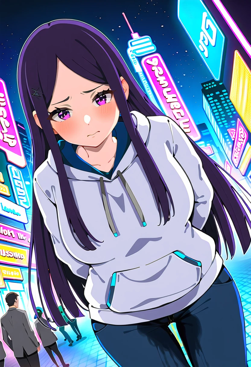 (masterpiece:1.37), best quality, (extremely detailed:1.37), woman, (mature:1.5), (adult:1.5), large breasts, very long hair, (straight hair:1.5), dark purple hair, purple eyes, (extremely detailed eyes:1.37), hoodie, jeans, desperation, wetting self, standing, embarrassed, humiliation, blushing, angry, city, futuristic, neon lighting, high-tech, street