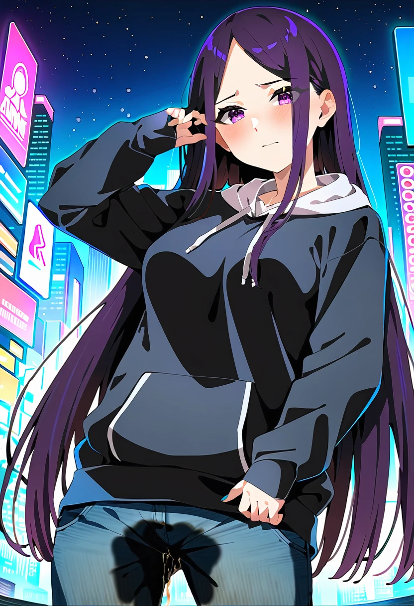 (masterpiece:1.37), best quality, (extremely detailed:1.37), woman, (mature:1.5), (adult:1.5), large breasts, very long hair, (straight hair:1.5), dark purple hair, purple eyes, (extremely detailed eyes:1.37), hoodie, jeans, desperation, wetting self, standing, embarrassed, humiliation, blushing, angry, city, futuristic, neon lighting, high-tech, street