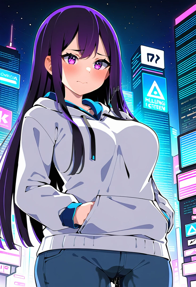 (masterpiece:1.37), best quality, (extremely detailed:1.37), woman, (mature:1.5), (adult:1.5), large breasts, very long hair, (straight hair:1.5), dark purple hair, purple eyes, (extremely detailed eyes:1.37), hoodie, jeans, desperation, wetting self, standing, embarrassed, humiliation, blushing, angry, city, futuristic, neon lighting, high-tech, street