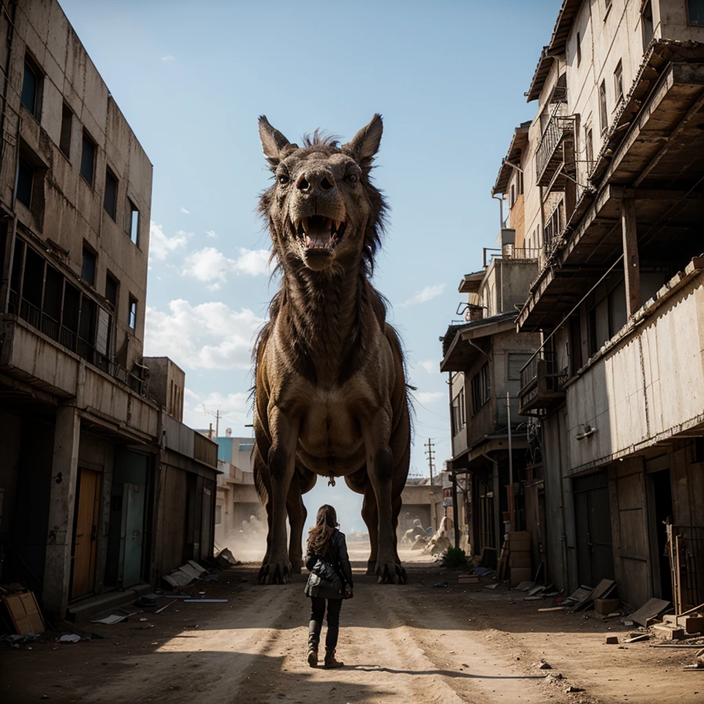 A woman standing on an appendix in a post-apocalyptic world and looking at a gigantic flying dragon in the distance.