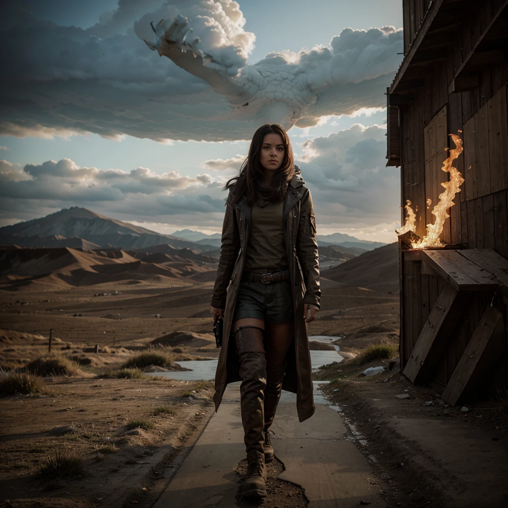 A woman standing on an appendix in a post-apocalyptic world and looking at a gigantic flying dragon in the distance.