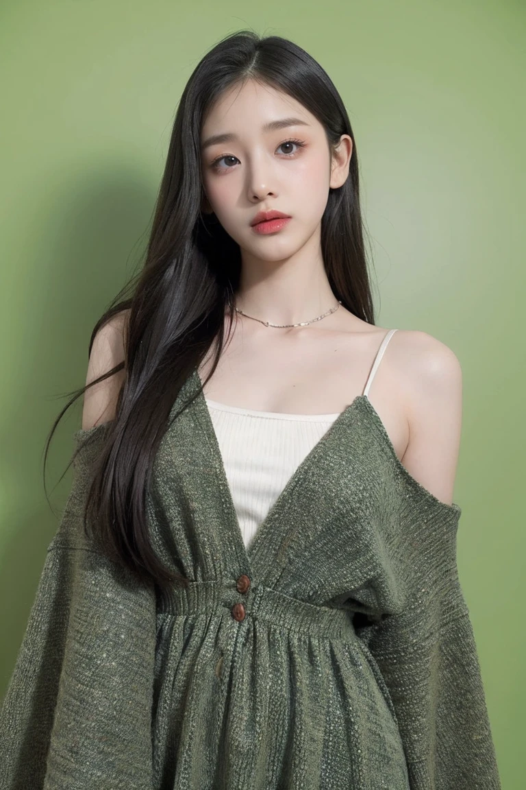21yo girl, dress, green background