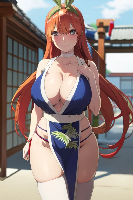 masterpiece, best quality, beautiful art, high resolution, well formed hands, body and fingers, 1 woman, solo, Yotsuba Nakano, green hair ribbon, hair ornament,  adult, grown up, big breasted, cleavage,  full body, braided long hair, blue_japanese_clothes, wearing DOA Kasumi's blue kunoichi dress, sexy and skimpy japanese clothes, kimono peek, sleeveless, white stockings, gorgeous legs and thighs, doing exercise, warming up, working out, sexy and captivating training, smiling joyfully and happily , looking at the viewer, panties peek, sweating , bouncing breasts, t back thong, training montage session, beach environment       