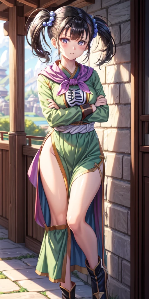 masterpiece, best quality, 4k, 8k, fighter (dq3), 1girl, solo, long hair, twintails, looking at viewer, black hair, hair ornament, long sleeves, dress, medium breasts, closed mouth, cowboy shot, black eyes, chinese clothes, hair bobbles, clenched hand, crossed arms, Feet Apart, Ancient Castle