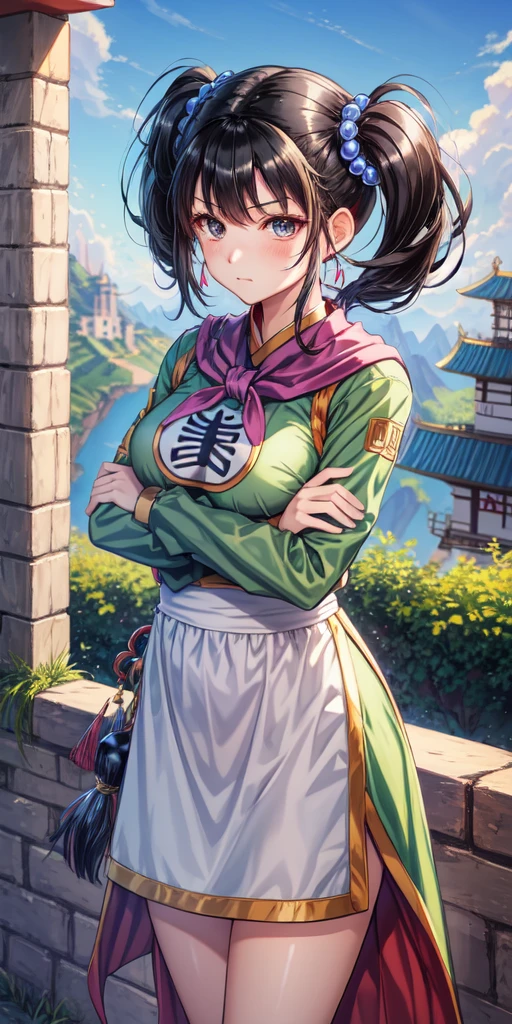 masterpiece, best quality, 4k, 8k, fighter (dq3), 1girl, solo, long hair, twintails, looking at viewer, black hair, hair ornament, long sleeves, dress, medium breasts, closed mouth, cowboy shot, black eyes, chinese clothes, hair bobbles, clenched hand, crossed arms, Feet Apart, Ancient Castle