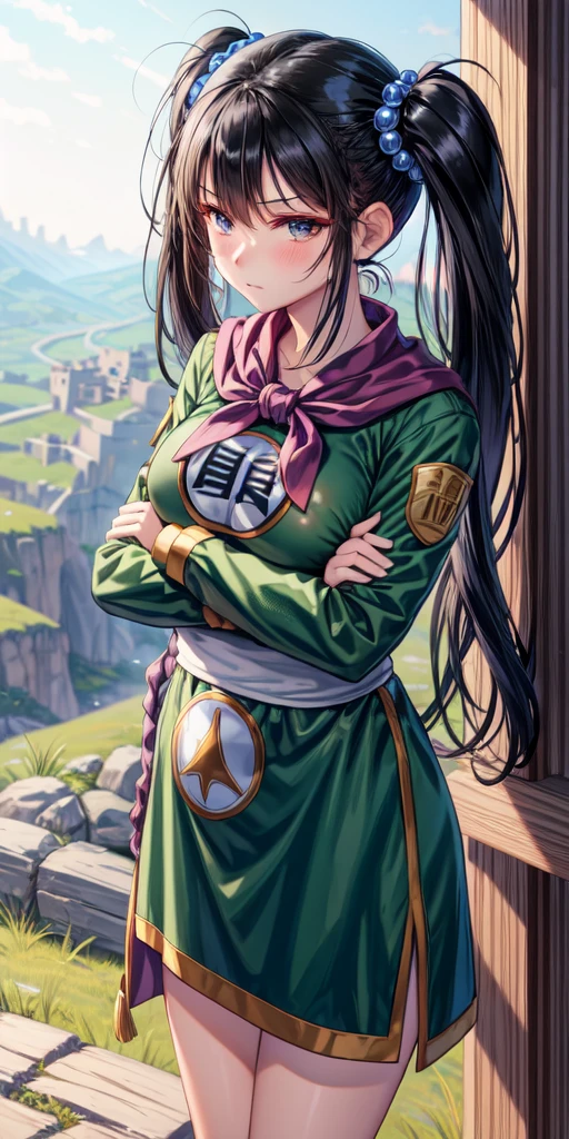 masterpiece, best quality, 4k, 8k, fighter (dq3), 1girl, solo, long hair, twintails, looking at viewer, black hair, hair ornament, long sleeves, dress, medium breasts, closed mouth, cowboy shot, black eyes, chinese clothes, hair bobbles, clenched hand, crossed arms, Feet Apart, Ancient Castle