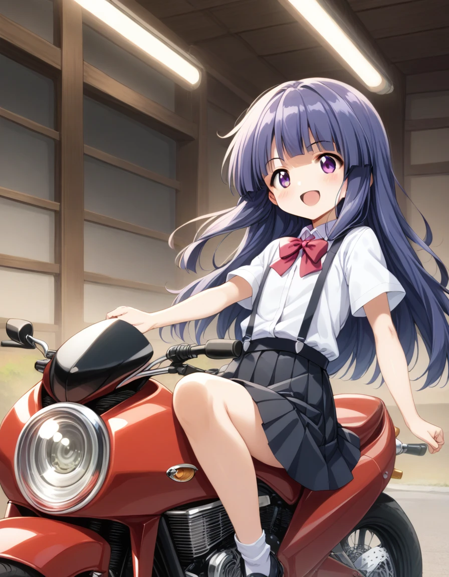 score_9, score_8_up, score_7_up, score_6_up, source_anime,,,,1girl, solo, furude rika, (tween:1), kawaii, blue hair, purple eyes, long hair, blunt bangs, bangs, bow, skirt, shirt, suspenders, smile, short sleeves, pleated skirt, white shirt, open mouth, red bow, ^_^, suspender skirt, , black skirt, collared shirt, blush, bowtie, blunt bangs, dress shirtt, , anime coloring.serious,(a girl riding a motorcycle at full speed:1.3),(from side),),,,(serious expression:1.1)、L shape composition