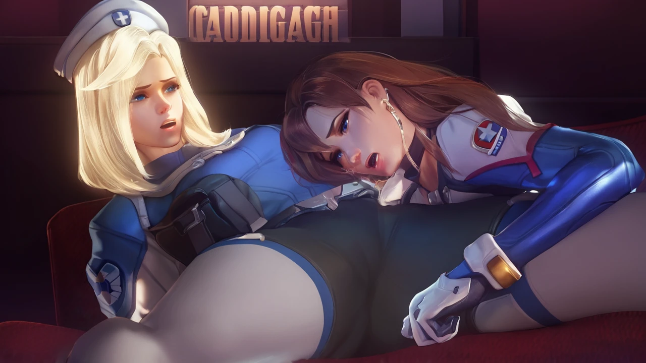 score_9,score_8_up,score_7_up,score_6_up ,source_overwatch score_9, score_8_up, score_7_up,  1woman, solo, mercy \(overwatch\), high quality, blue combat medic ziegler mercy, white commander hat, open hair long hair, open mouth, in ecstasy, orgasm, DVA touching Mercy, intimate