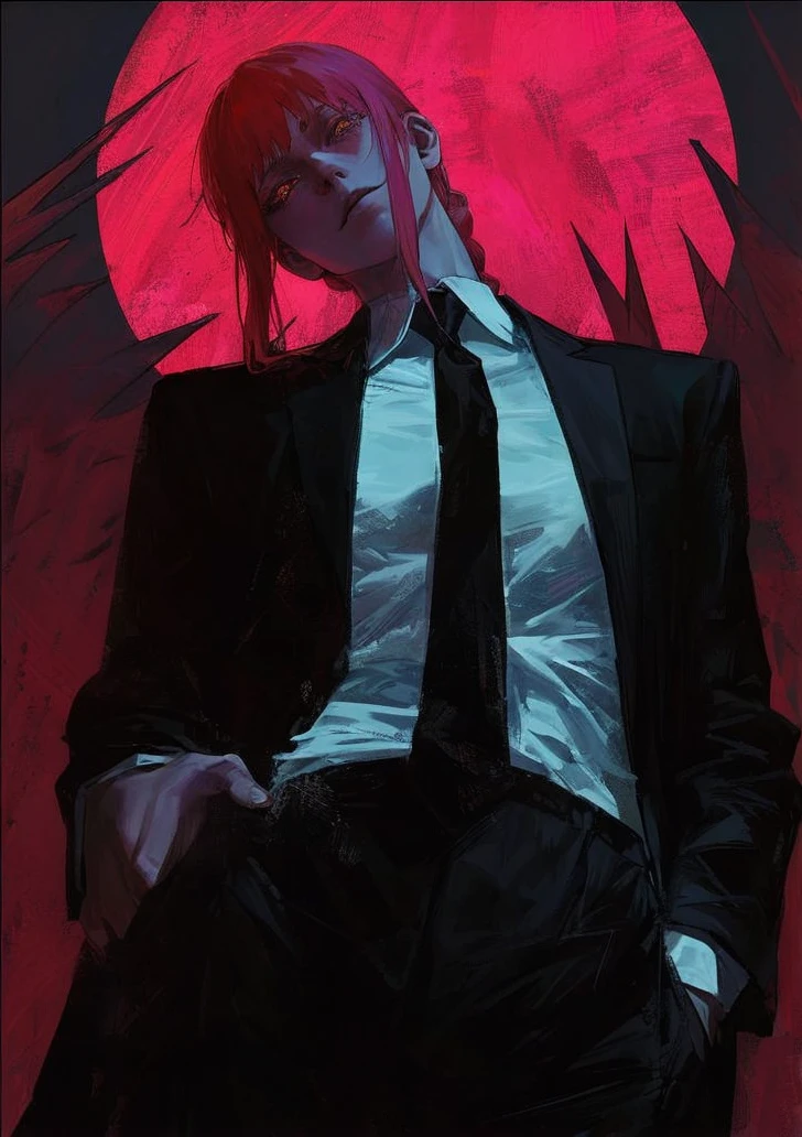 beautiful, white-skinned woman, business suit, long black hair, black eyes, looking at viewer, red background, intricate details, hyperrealistic, 8K, octane render, chiaroscuro lighting, cinematic composition, dramatic atmosphere, digital art
