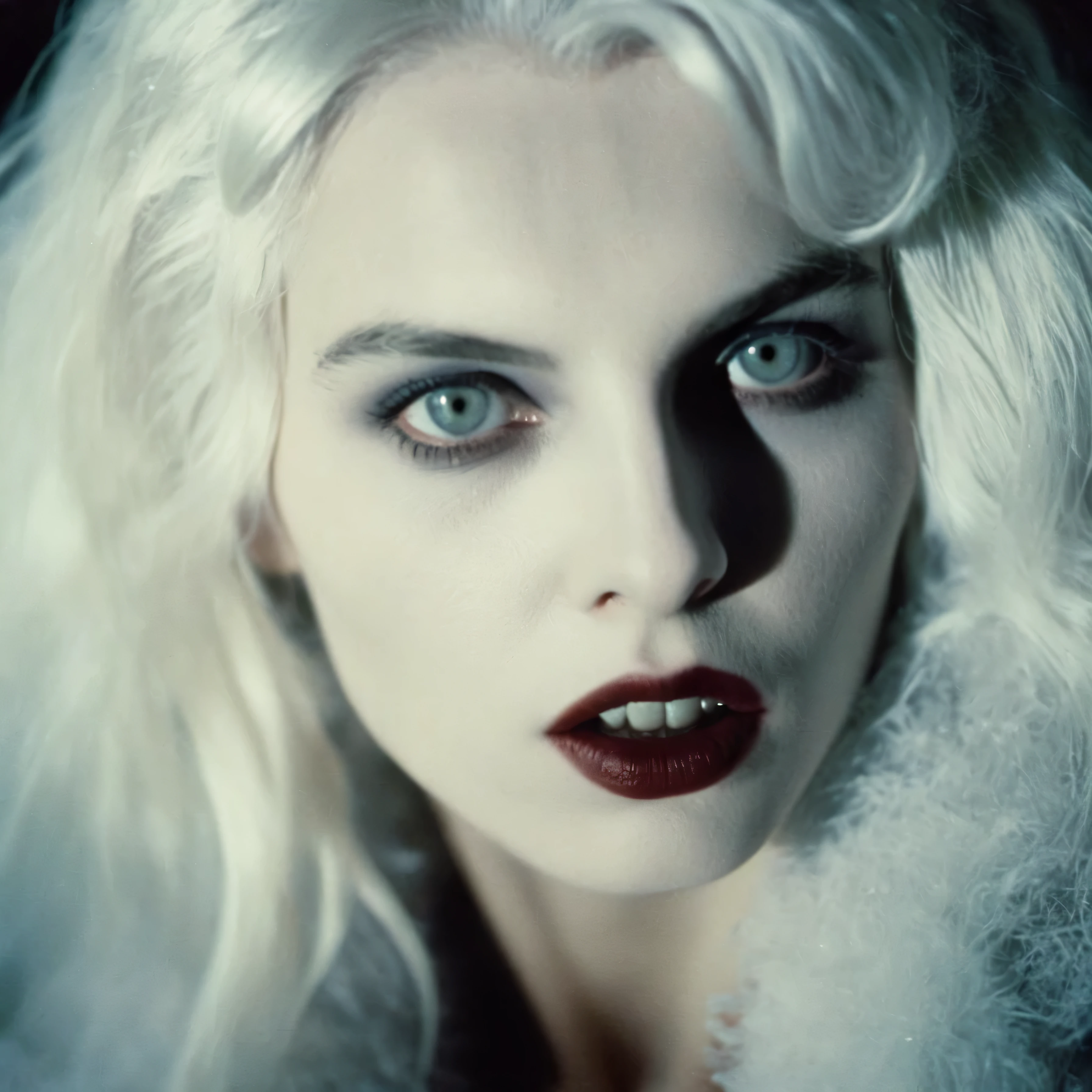 analog film photo of  Female Vampire a pale ice cold skin vampire woman with white hair and a white face and reflective eyes  in year 17, faded film, desaturated, 35mm photo, grainy, vignette, vintage, Kodachrome, Lomography, stained, highly detailed, found footage