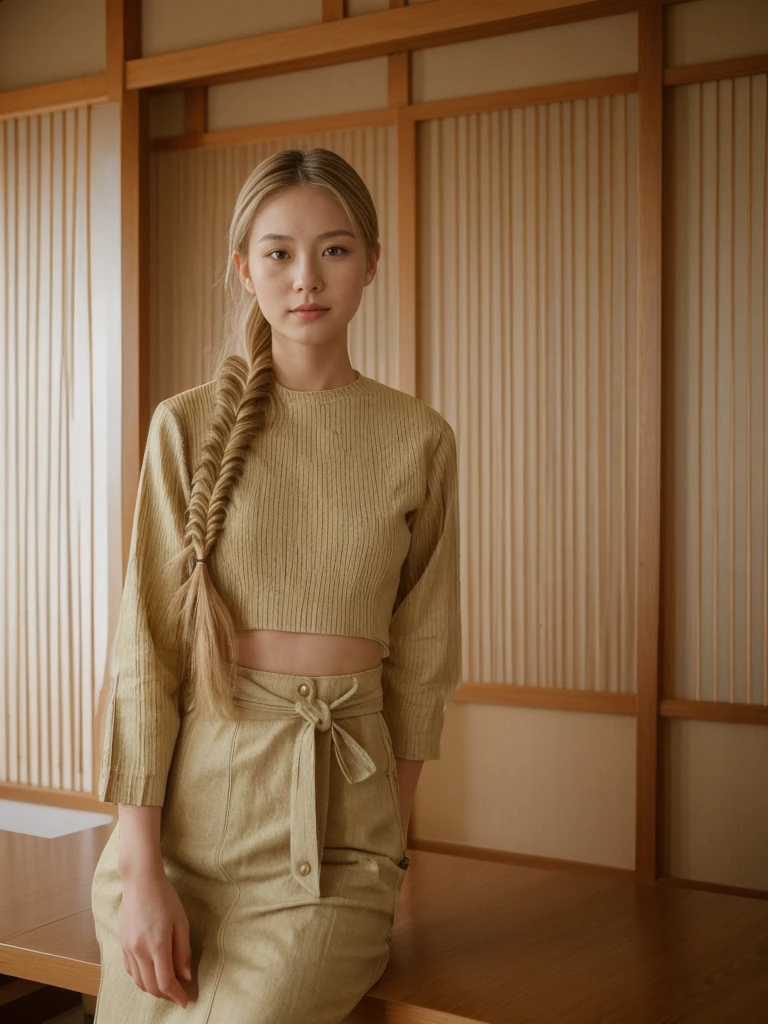 her name is Asako, high quality, 1girl, ((20-year-old fit Caucasian woman)), ((20 years old)), ((slim)), ((Fishtail Braid hair)), pose: standing, wearing aesthetic Generation-Z modern wear different colored, BACKGROUND: "In a traditional tatami room, with sliding shoji screens and a low wooden table set for tea."